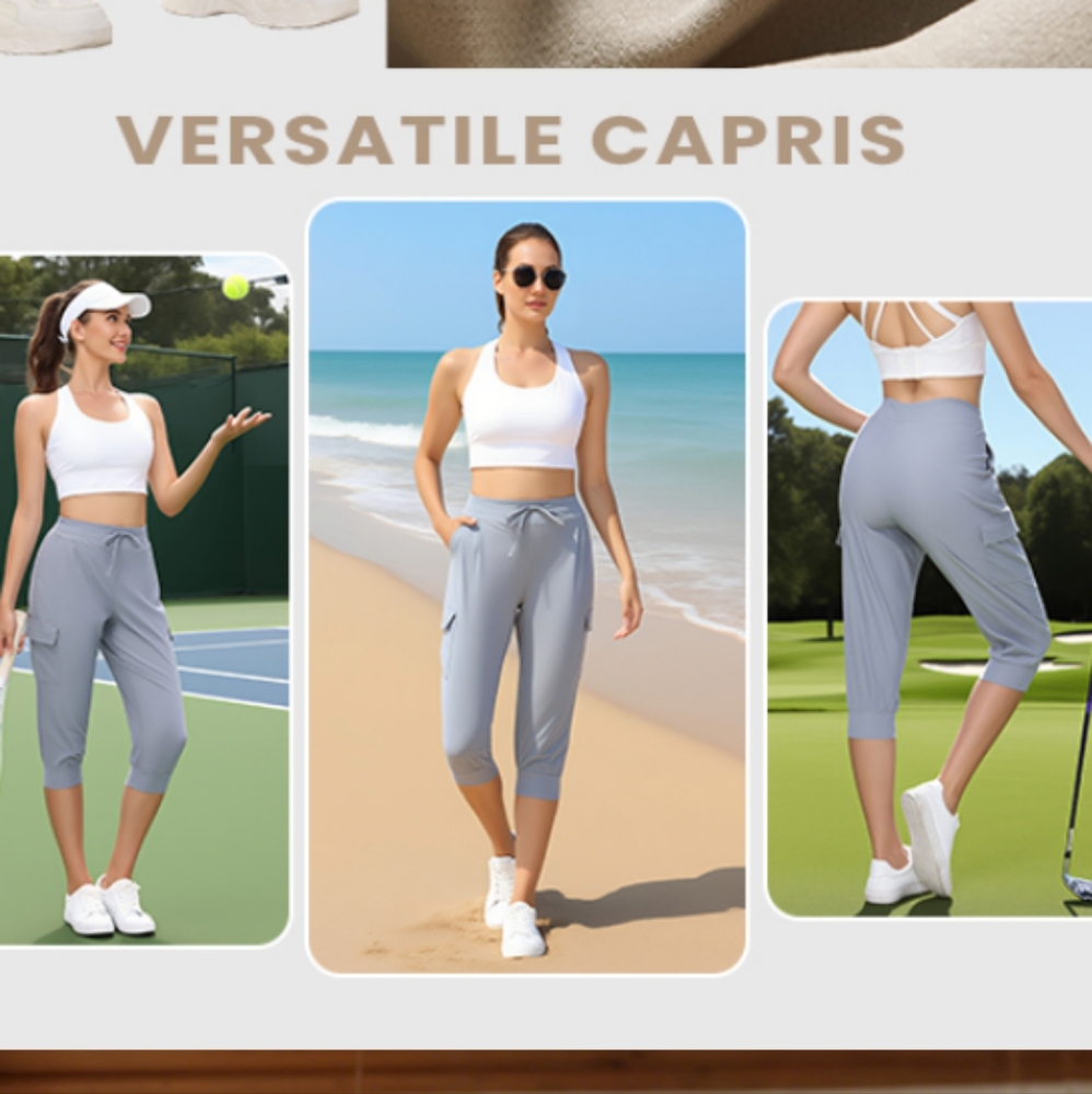 Capri Cargo Joggers Cropped Golf/Leisure Athletic Pants Khaki Sz L - Picture 7 of 12